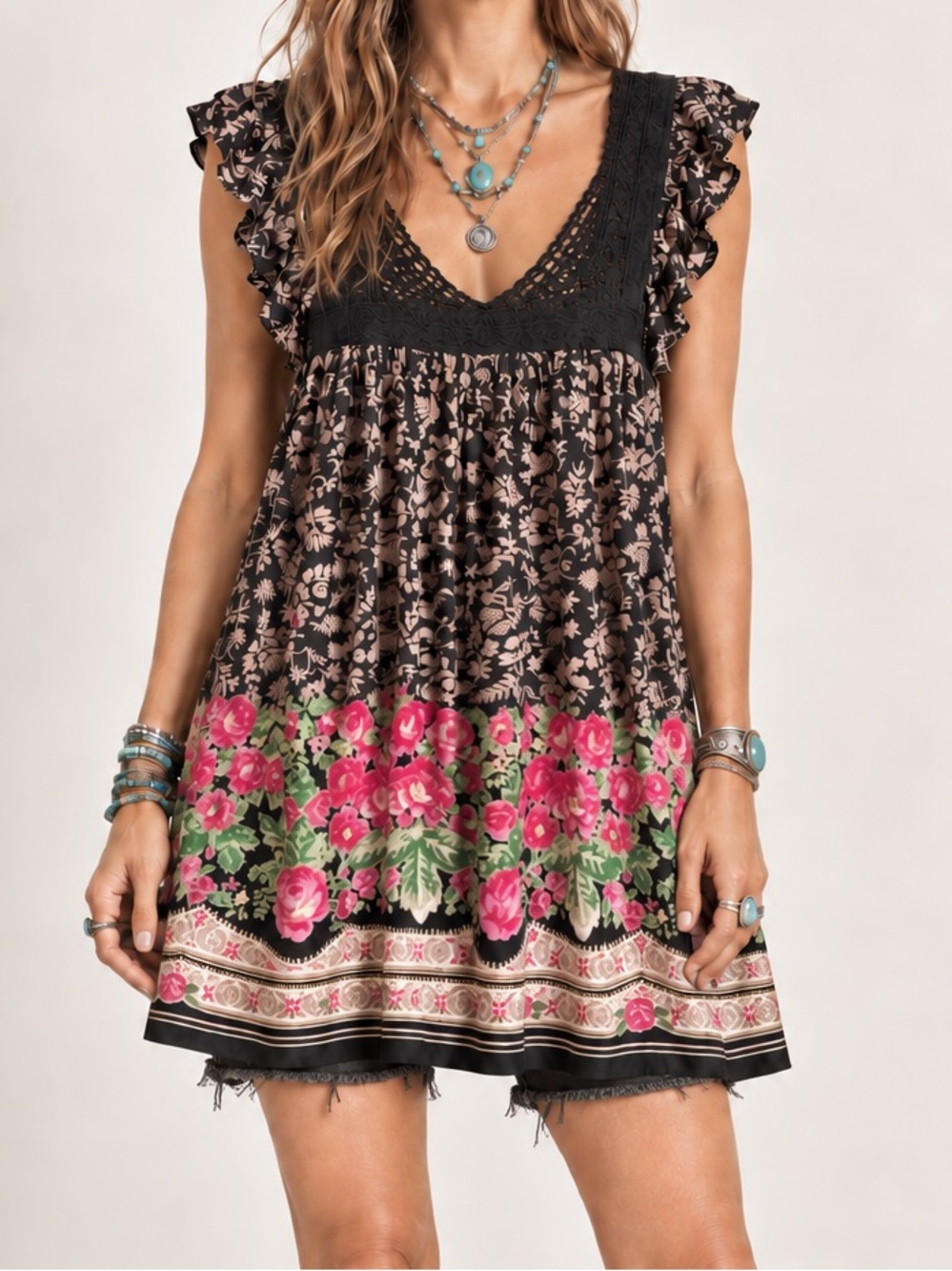 Vintage ANGIE Floral Border Print Crochet Boho Tunic Top Medium NWOT